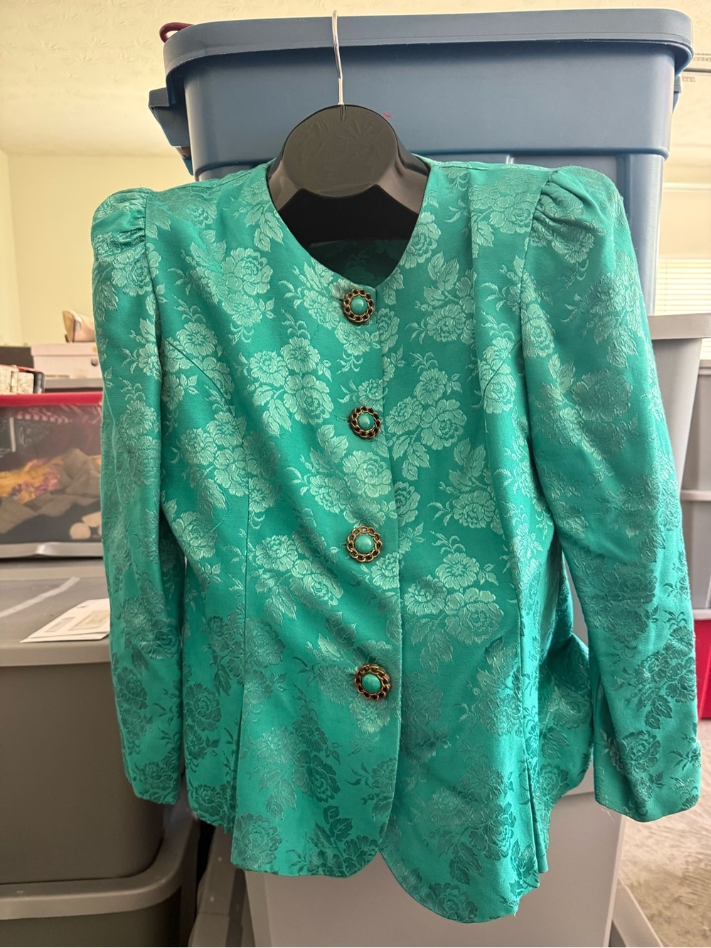 Women’s Teal Floral Jacquard Jacket - Classic Button Front mp80